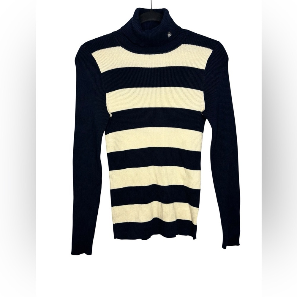 Women’s Lauren Ralph Lauren Ribbed Tan Navy Long Sleeve Turtleneck Preppy Small